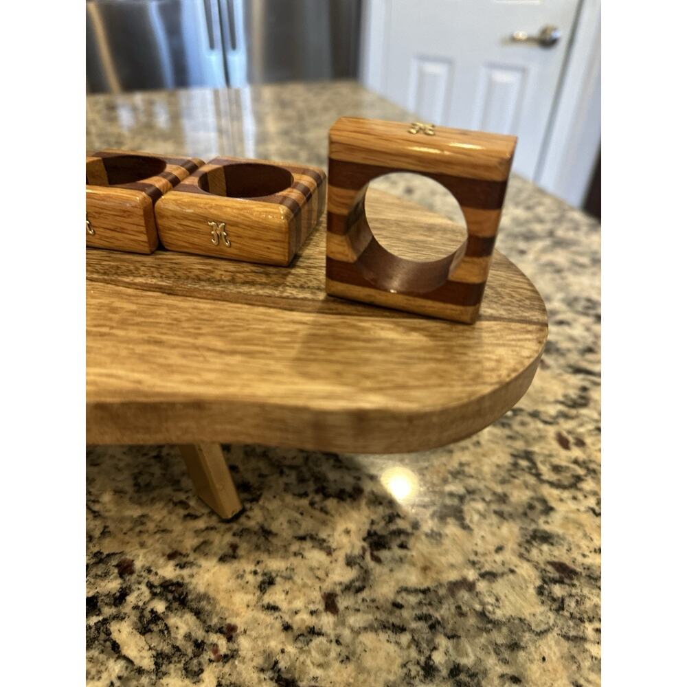 6 Wooden Elegant Napkin Rings Holders Square Fine Finish Solid Teak Letter M